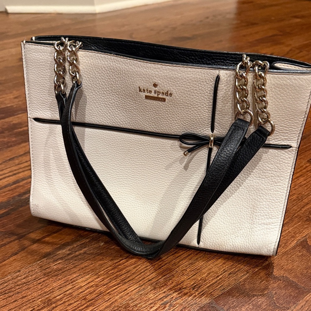 kate spade Cream & Black Leather Shoulder Tote with Gold Chain Straps